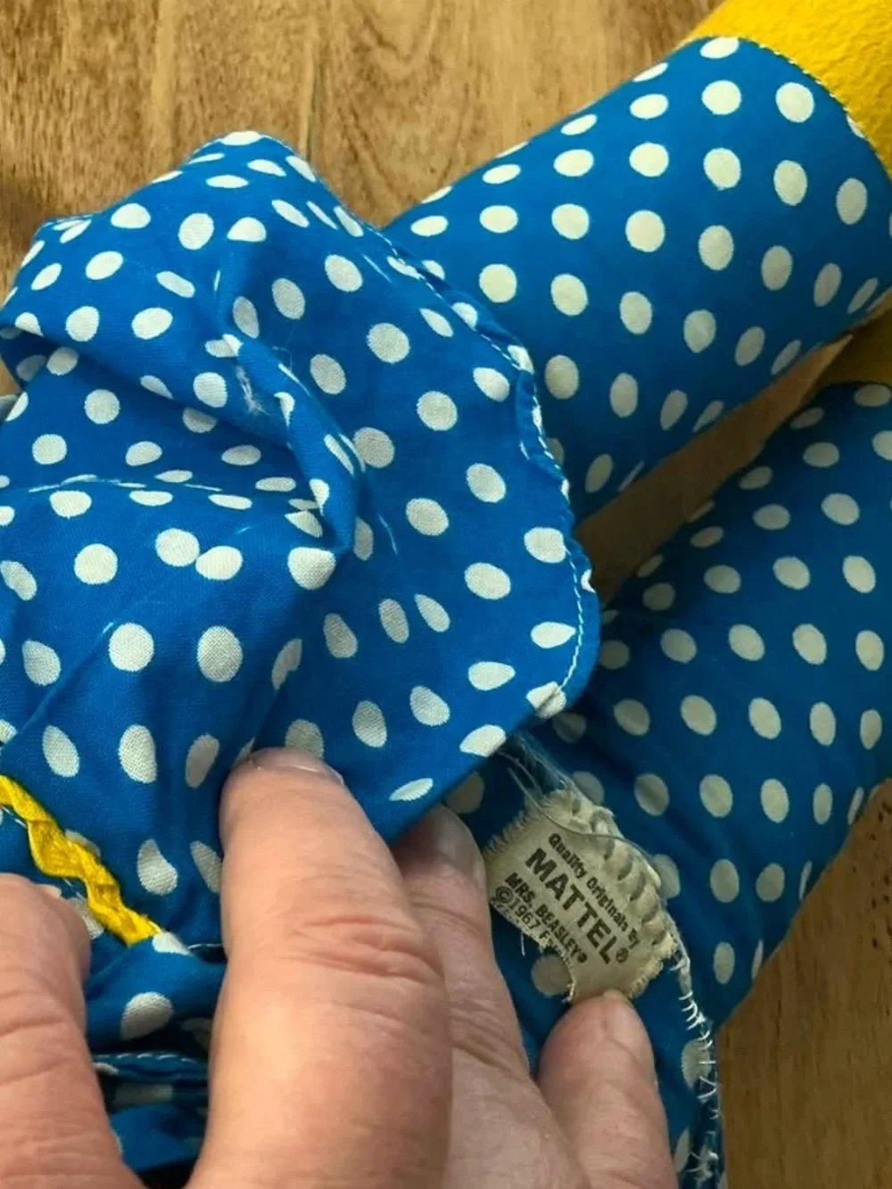 🩵 Mrs. Beasley Vintage Doll – Blue Polka Dot Dress